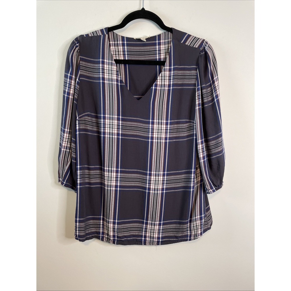 Como Blu M Plaid Tunic Top Gray Blue Rayon V Neck Boho Career Blouse